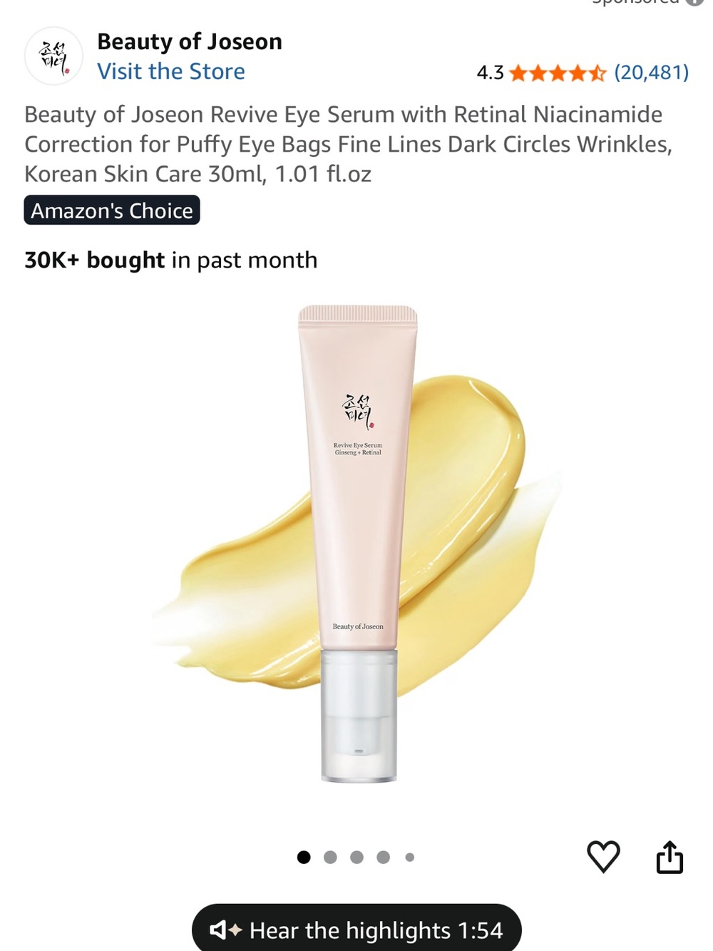 Beauty of Joseon Revive Eye Serum โ Pink Eye Cream for Puffiness & Fine Lines